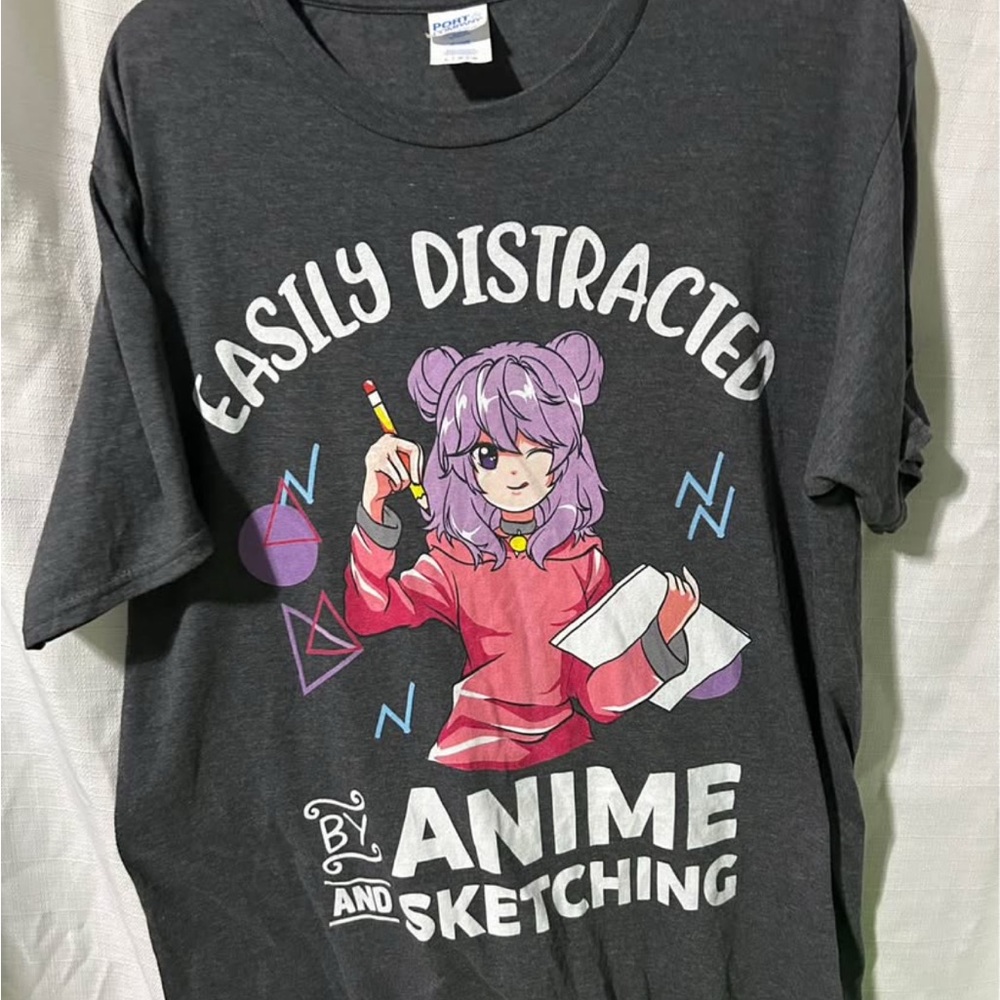 Gray Graphic T-Shirt with Anime Design Men Size L Large